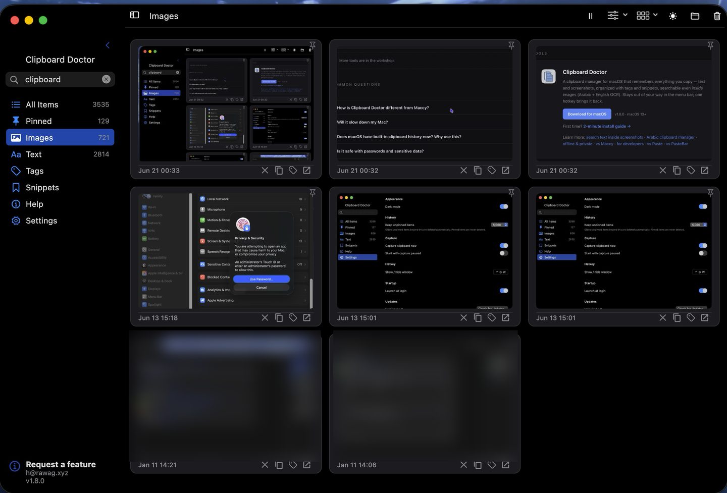 Clipboard Doctor on macOS — the Images view showing a grid of copied screenshots, with a sidebar (All Items, Pinned, Images, Text, Tags, Snippets) and a search box.